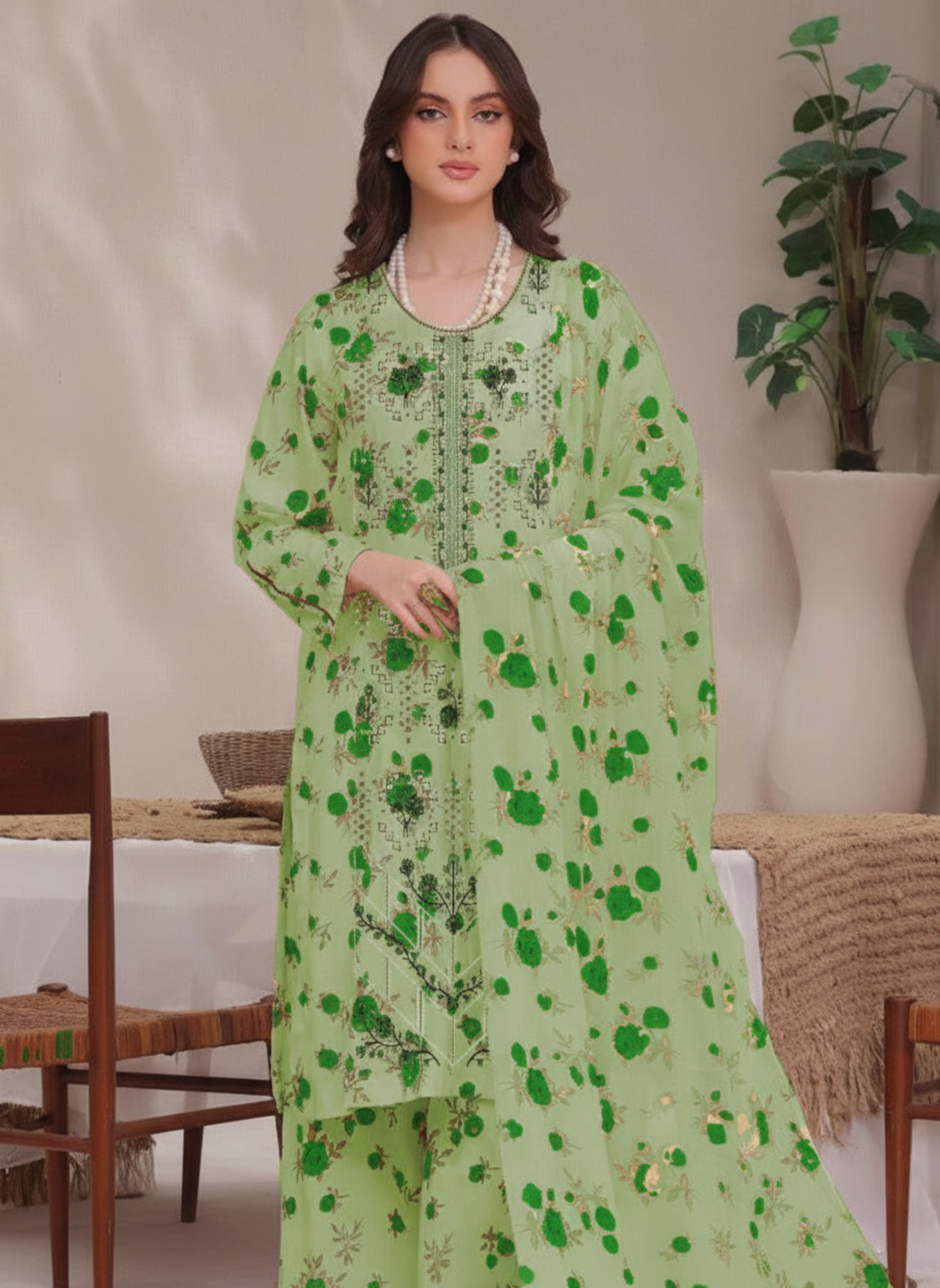 Pistachio Green Embroidered Lawn Suit with Digital Print Dupatta – 3-Piece Unstitched