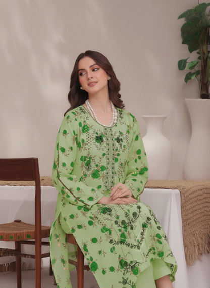 Pistachio Green Embroidered Lawn Suit with Digital Print Dupatta – 3-Piece Unstitched