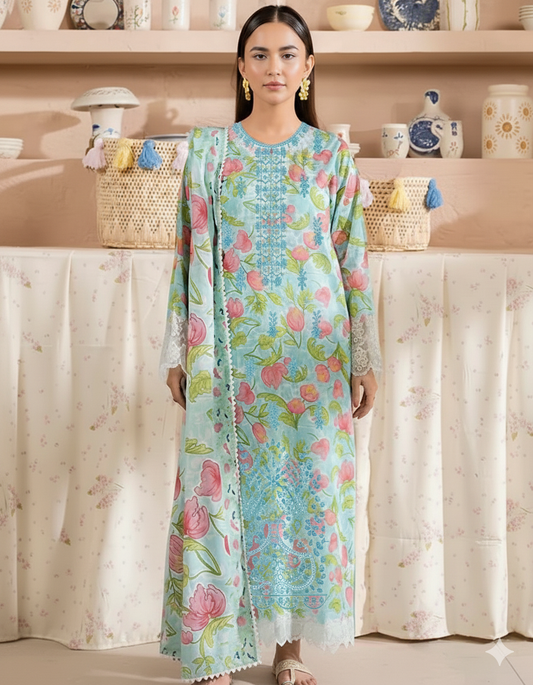 Soothing Aqua Blue Floral Printed and Embroidered Lawn Suit – 3-Piece
