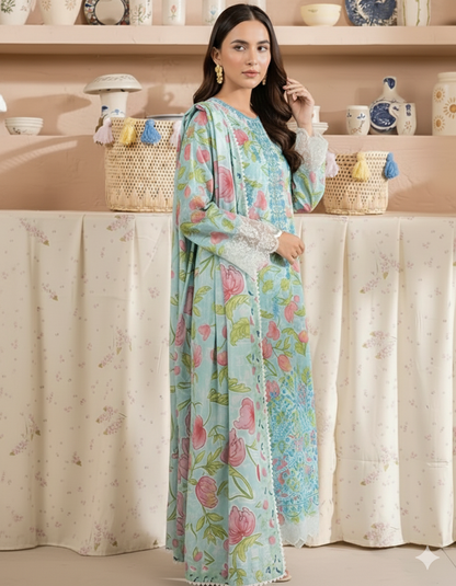 Soothing Aqua Blue Floral Printed and Embroidered Lawn Suit – 3-Piece