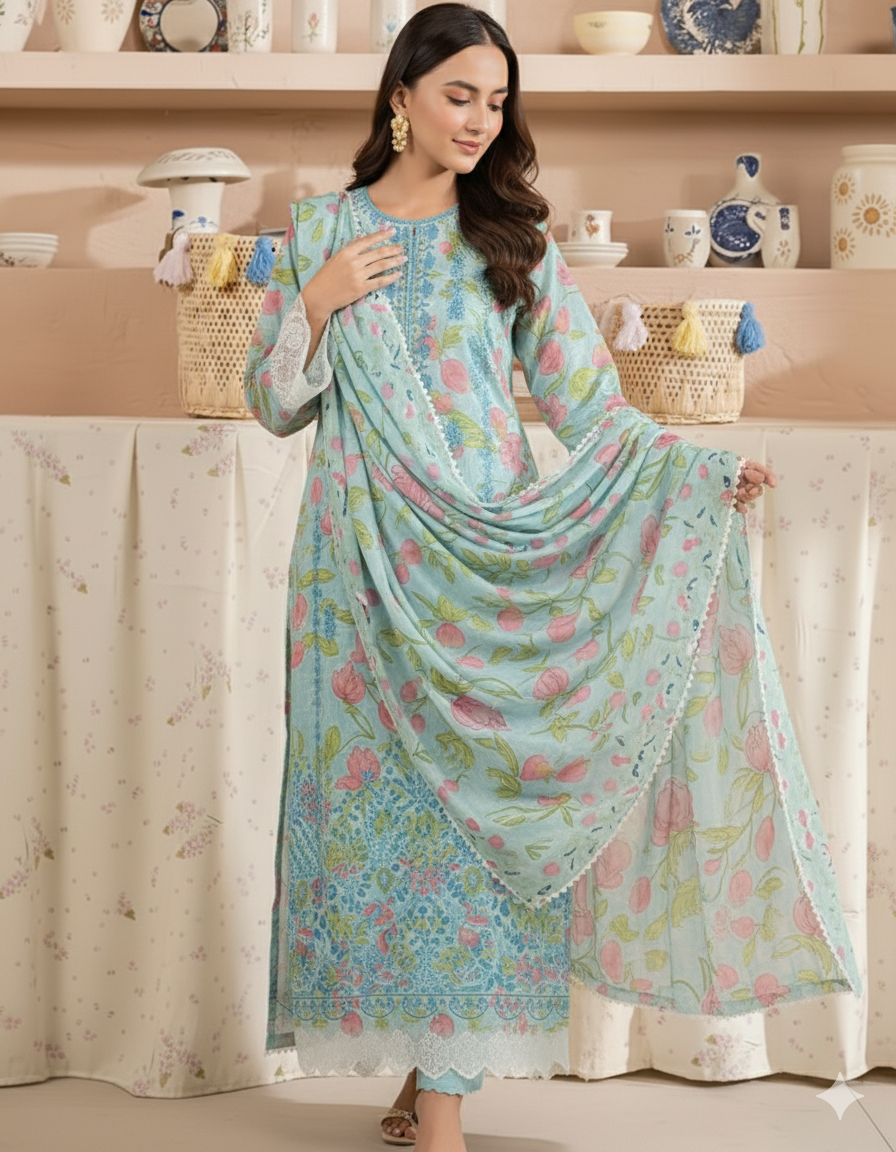 Soothing Aqua Blue Floral Printed and Embroidered Lawn Suit – 3-Piece
