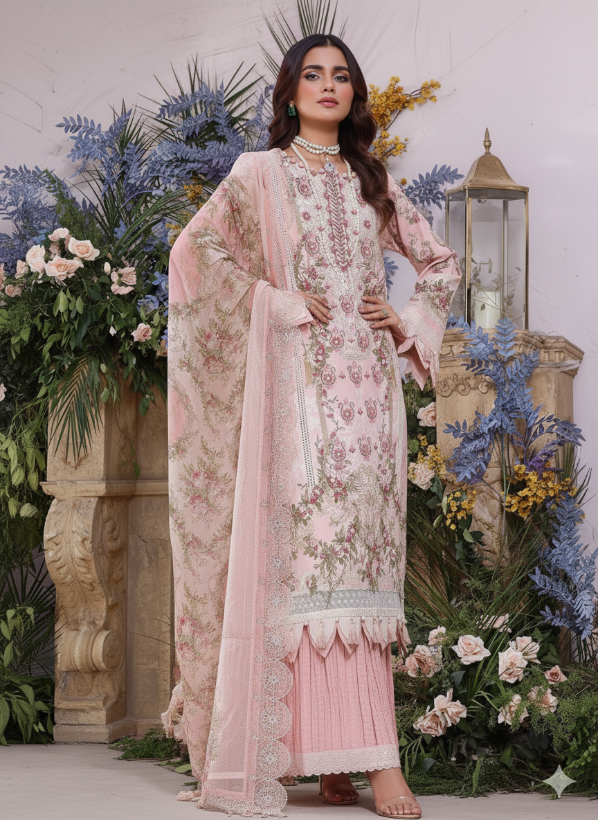 Blush Pink Heavy Embroidered Luxury Lawn Suit with Chiffon Dupatta – Designer 3-Piece