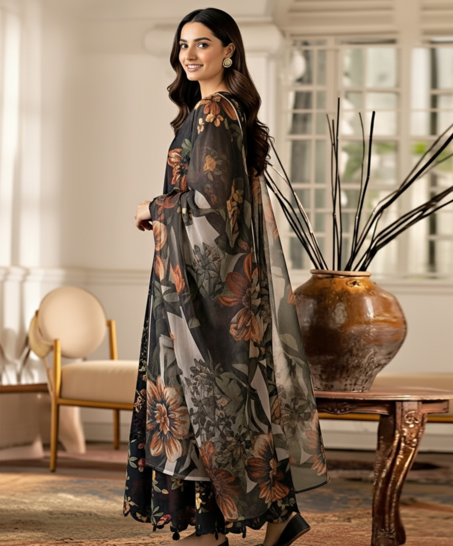 Striking Black Digital Floral Unstitched Printed and Embroidery Suit with Flowy Chiffon Dupatta – 3 Piece Pakistani Dress