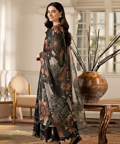 Striking Black Digital Floral Unstitched Printed and Embroidery Suit with Flowy Chiffon Dupatta – 3 Piece Pakistani Dress
