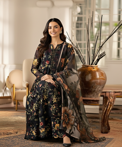 Striking Black Digital Floral Unstitched Printed and Embroidery Suit with Flowy Chiffon Dupatta – 3 Piece Pakistani Dress