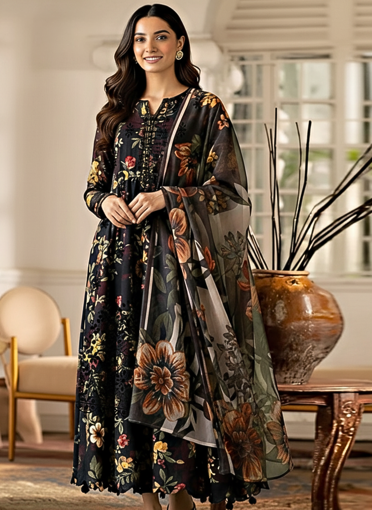 Striking Black Digital Floral Unstitched Printed and Embroidery Suit with Flowy Chiffon Dupatta – 3 Piece Pakistani Dress
