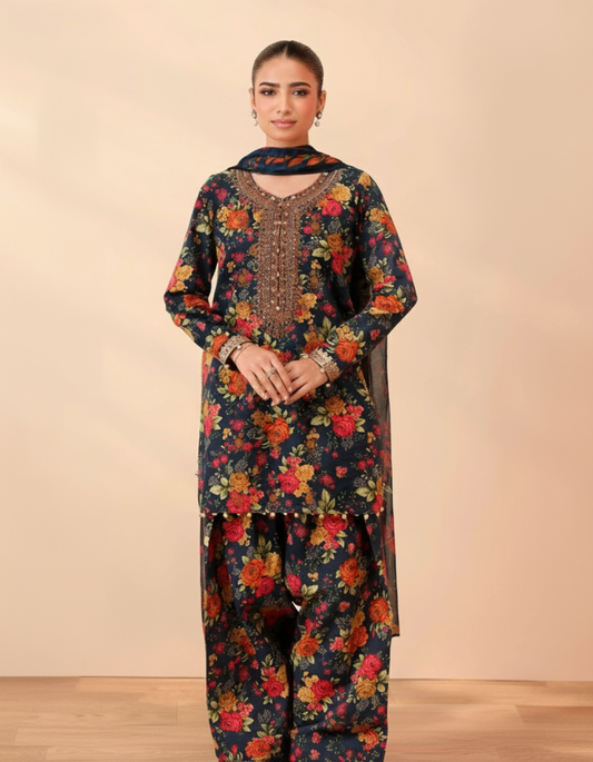 Navy Blue Floral Unstitched Printed Suit with Embellished Neckline – 3-Piece Luxury Lawn Suit