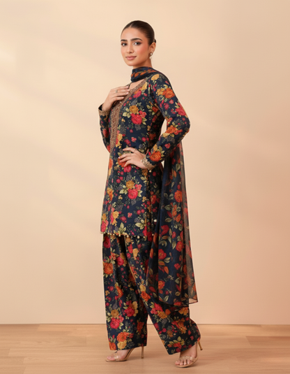 Navy Blue Floral Unstitched Printed Suit with Embellished Neckline – 3-Piece Luxury Lawn Suit