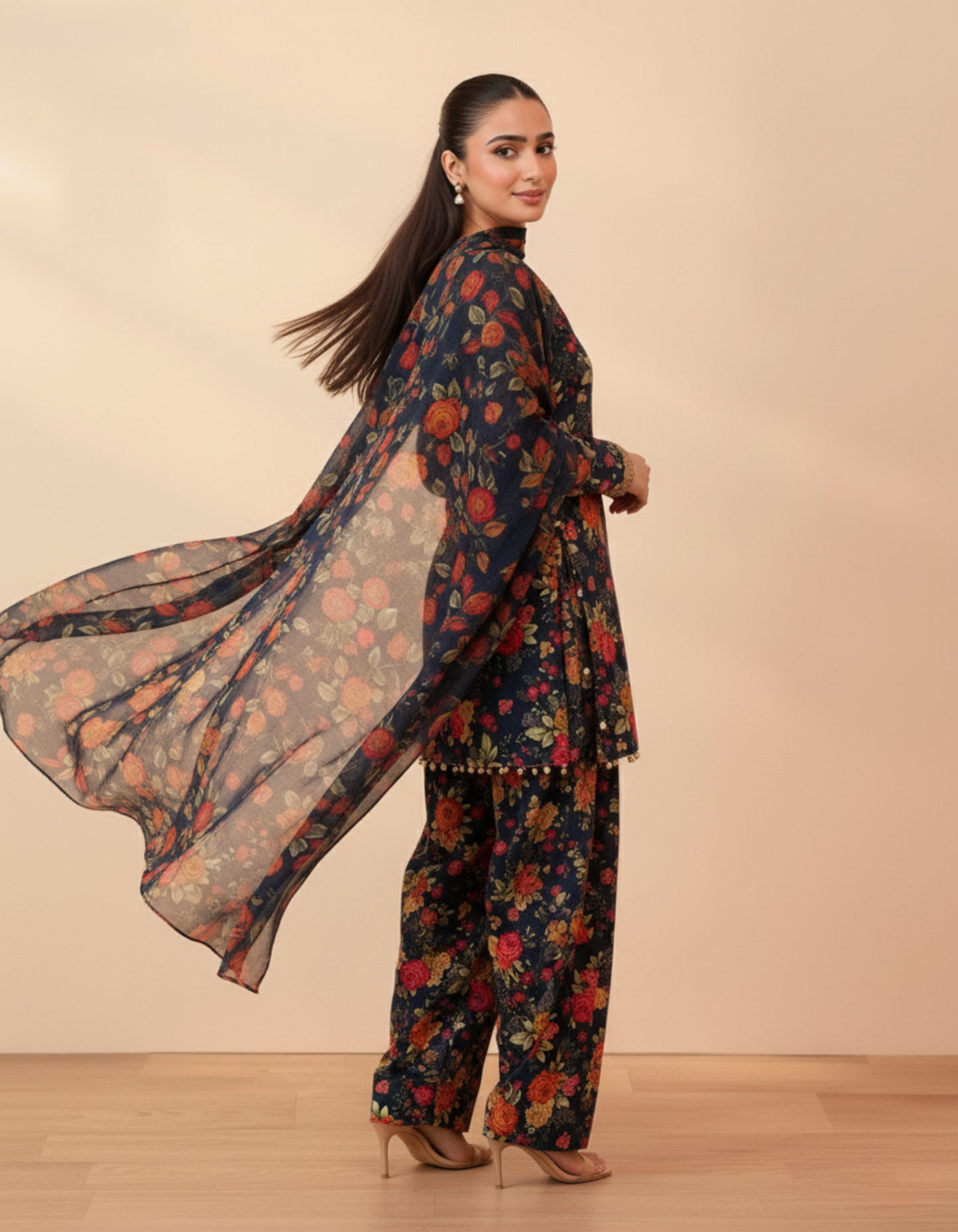 Navy Blue Floral Unstitched Printed Suit with Embellished Neckline – 3-Piece Luxury Lawn Suit