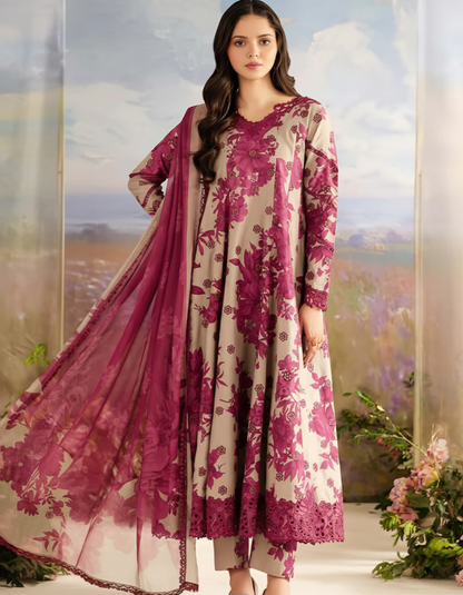 Striking Taupe & Magenta Floral Unstitched Printed and Embroidered 3-Piece Suit Pakistani Luxury Wear