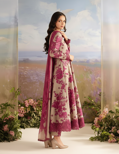 Striking Taupe & Magenta Floral Unstitched Printed and Embroidered 3-Piece Suit Pakistani Luxury Wear