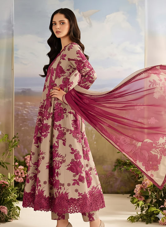 Striking Taupe & Magenta Floral Unstitched Printed and Embroidered 3-Piece Suit Pakistani Luxury Wear