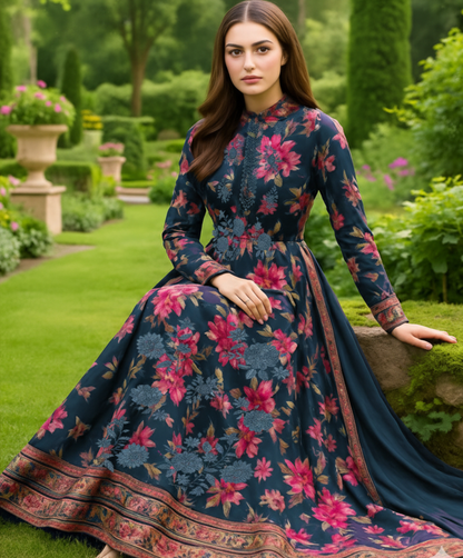 Regal Deep Navy Floral Printed and Embroidery Dress – Luxury 3-Piece Unstitched Pakistani Suit