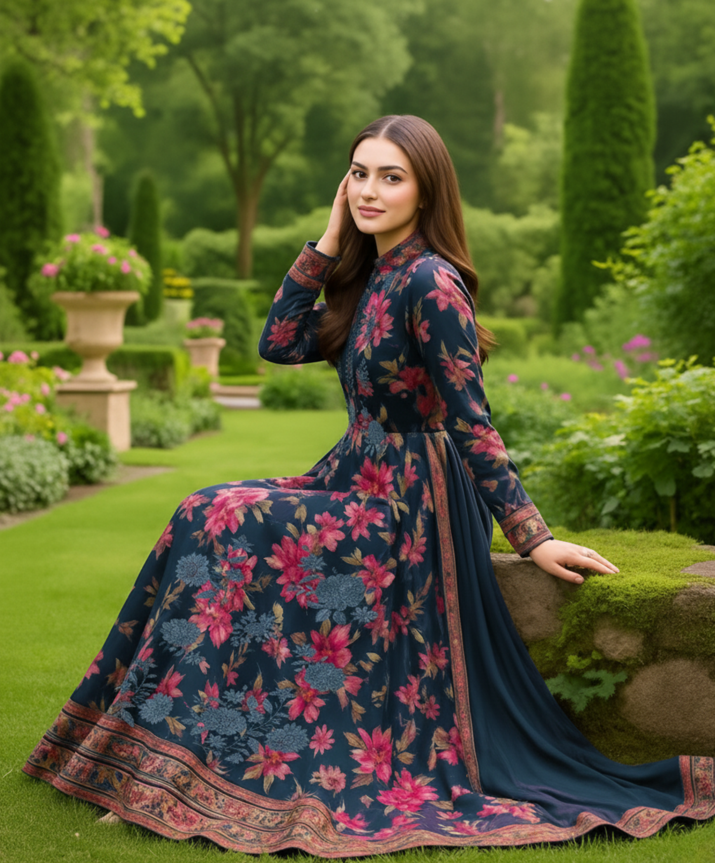 Regal Deep Navy Floral Printed and Embroidery Dress – Luxury 3-Piece Unstitched Pakistani Suit