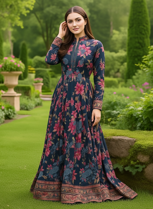 Regal Deep Navy Floral Printed and Embroidery Dress – Luxury 3-Piece Unstitched Pakistani Suit