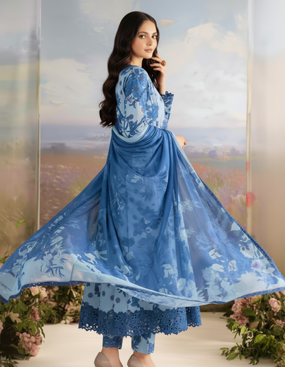 Sky Blue Monochromatic Floral Printed and Embroidery Suit – 3-Piece Unstitched Pakistani Lawn