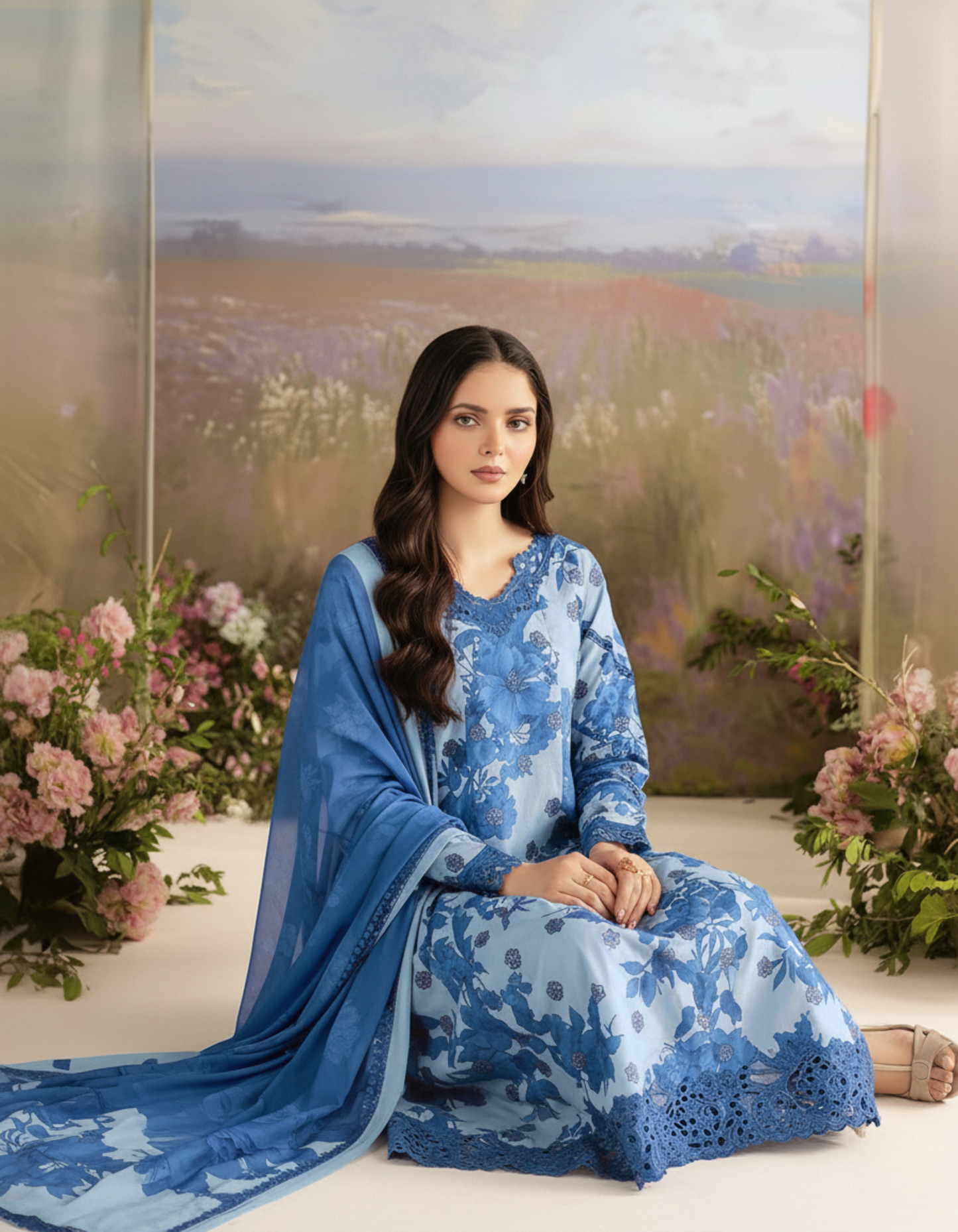 Sky Blue Monochromatic Floral Printed and Embroidery Suit – 3-Piece Unstitched Pakistani Lawn