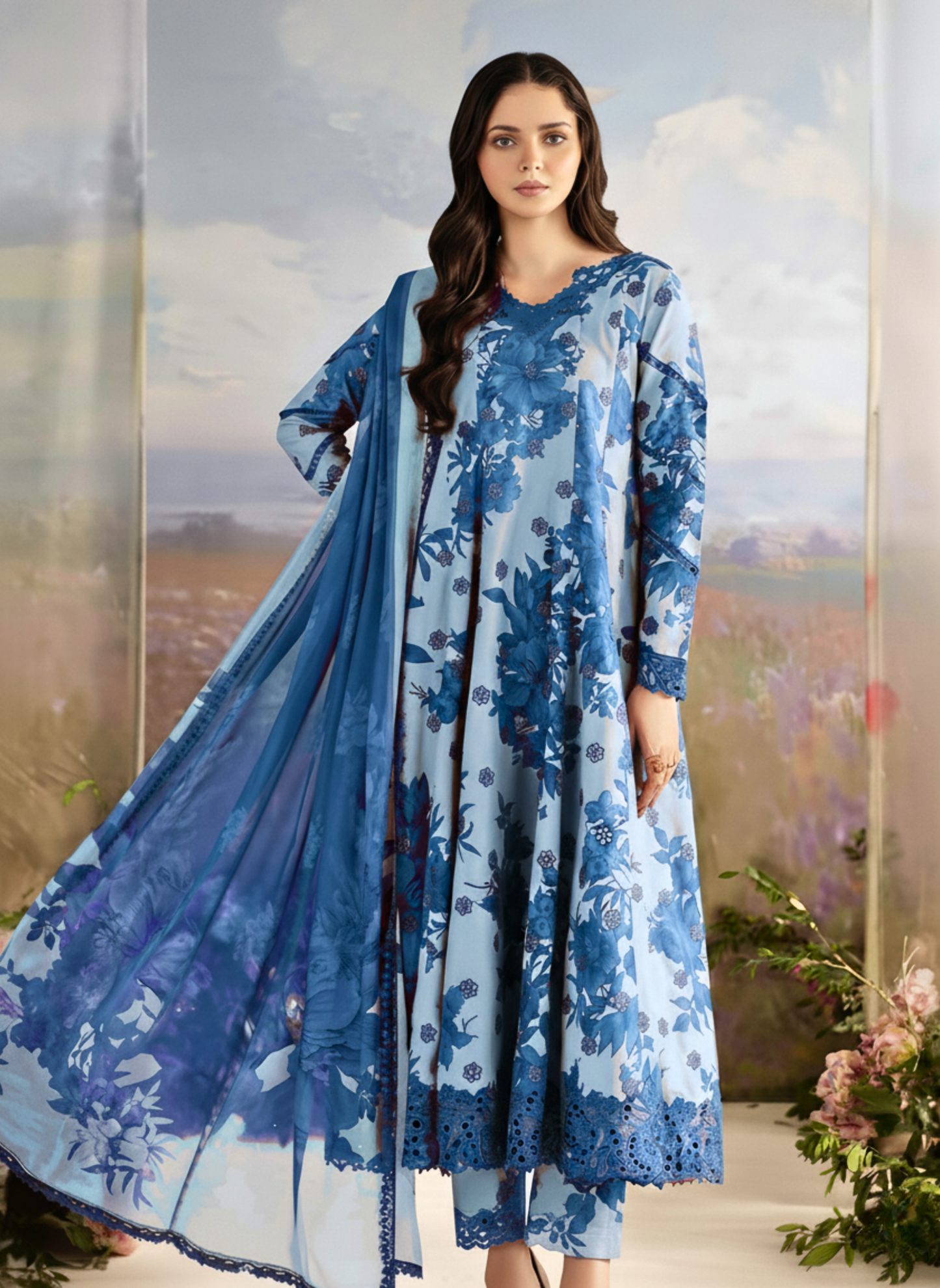 Sky Blue Monochromatic Floral Printed and Embroidery Suit – 3-Piece Unstitched Pakistani Lawn