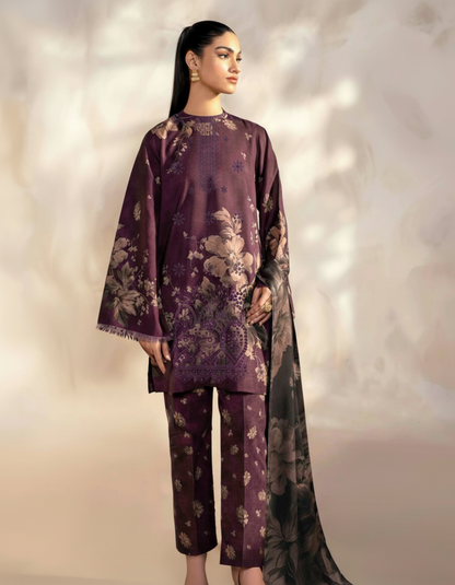 Plum Digital Floral Printed and Embroidery 3-Piece Unstitched Suit with Matching Chiffon Dupatta – Elegant Pakistani Wear
