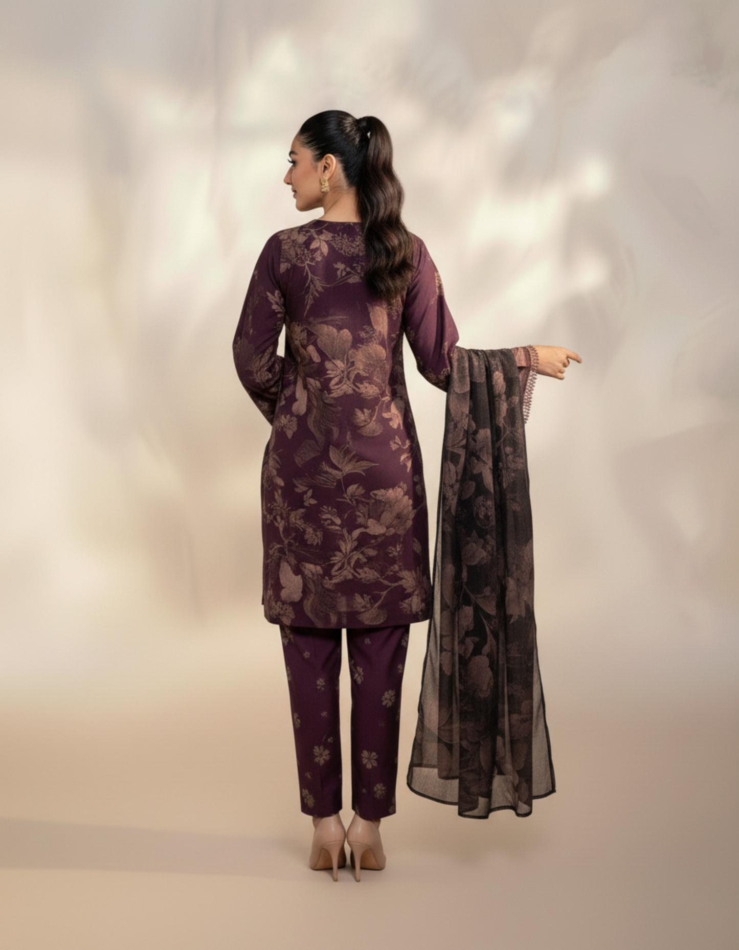 Plum Digital Floral Printed and Embroidery 3-Piece Unstitched Suit with Matching Chiffon Dupatta – Elegant Pakistani Wear