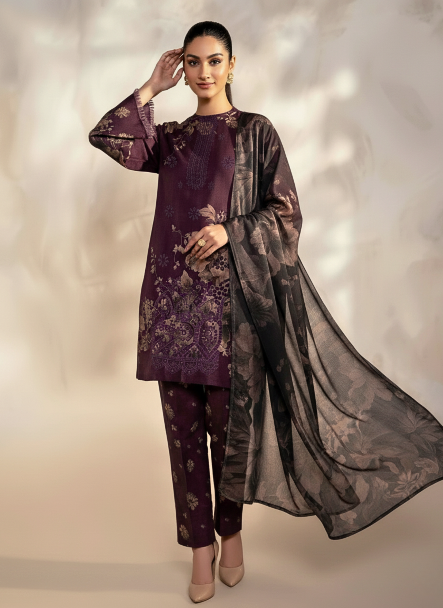 Plum Digital Floral Printed and Embroidery 3-Piece Unstitched Suit with Matching Chiffon Dupatta – Elegant Pakistani Wear
